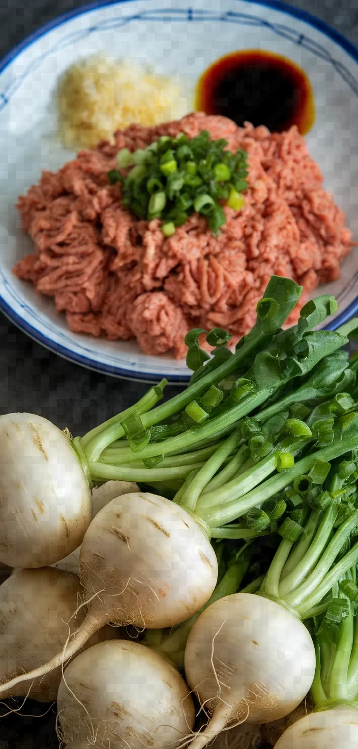 Ingredients photo for Japanese Turnips With Soboro Ankake Sauce Recipe