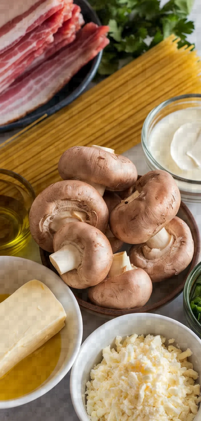 Ingredients photo for Creamy Mushroom Bacon Spaghetti Recipe