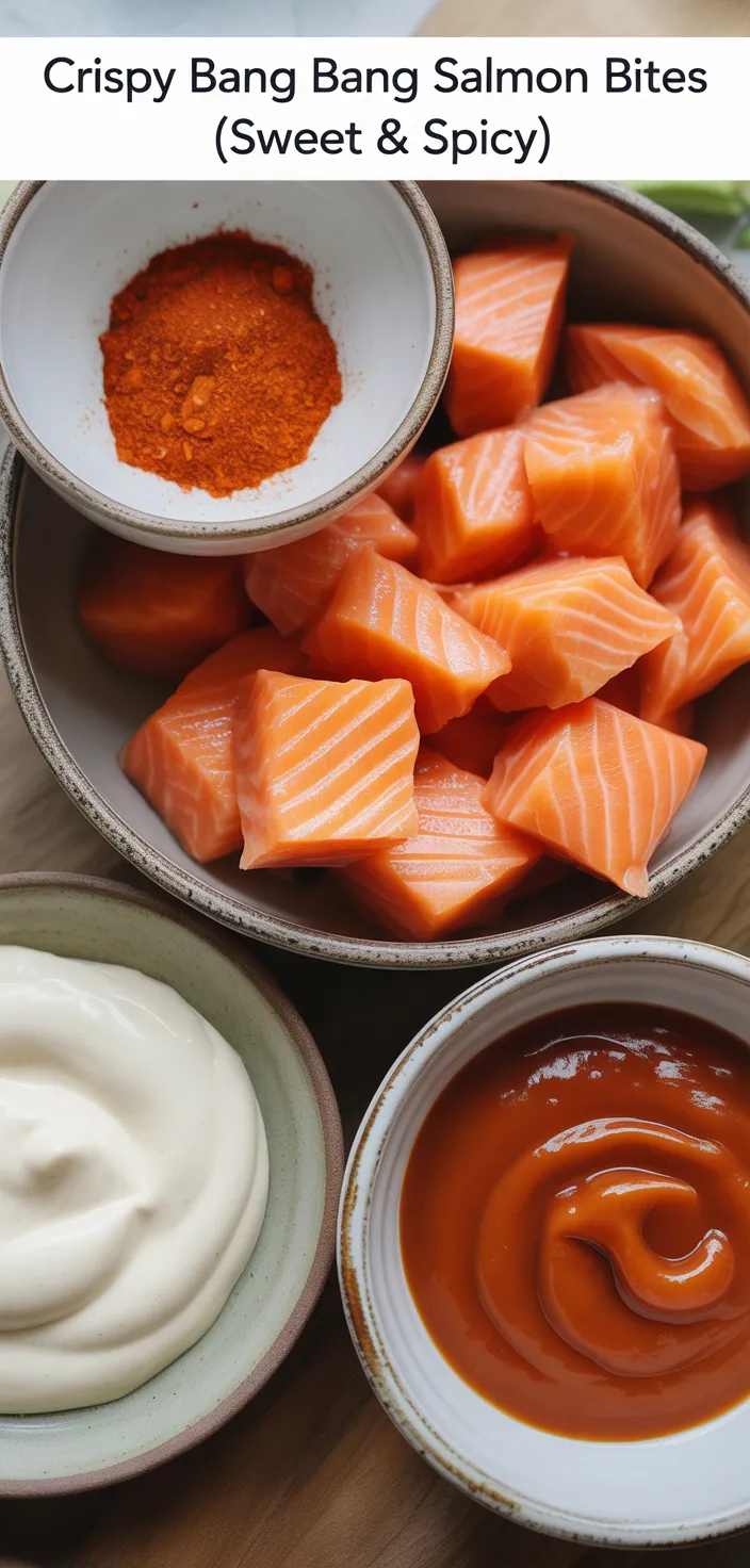 Ingredients photo for Crispy Bang Bang Salmon Bites (Sweet & Spicy) Recipe